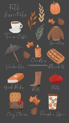 the fall essentials for coffee and tea are shown in this graphic style, including an umbrella