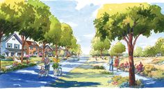 an artist's rendering of people riding bicycles down a quiet street lined with trees