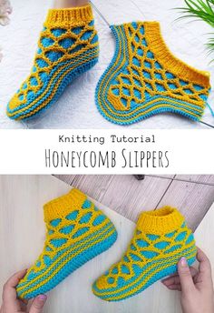 two pictures showing how to crochet slippers with the words, knitting tutor honeycomb slippers