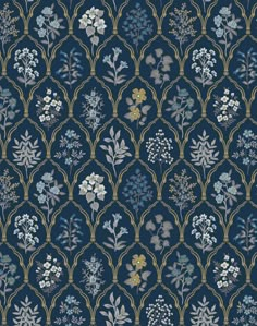 a blue and gold wallpaper with flowers on it