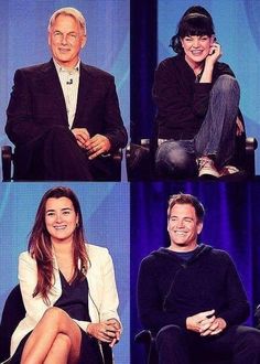 four pictures of people sitting in chairs with one man smiling and the other woman laughing