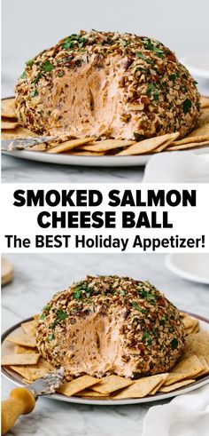 salmon cream cheese ball on a plate with tortilla chips