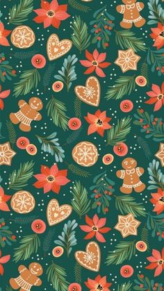 a christmas pattern with ginger cookies and poinsettis on a dark green background