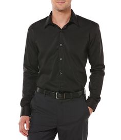 From Perry Ellis&#x2C; this men's shirt features:non-iron twill with a silky finishmedium spread collarlong sleeves with two-button cuffsbutton fronttapered hemcottonmachine washImported. Long Sleeve Button Up Shirt Outfit, Black Shirt Outfit Men, Black Shirt Outfits, Black Dress Shirt Men, Homecoming Outfits For Guys, Black Dress Pants Men, Mens Black Shirt, Shirt Outfit Men, Black Button Up Shirt