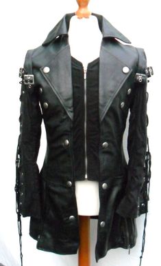 #ad Top Seller for  Ladies 100% REAL LEATHER Black Steampunk Jacket Coat GOTH PUNK EMO, Fashion Womens Coats Jackets Goth Coat, Cool Jackets For Men, Gothic Fashion Women, Steampunk Jacket, Gothic Coat, Revival Clothing, Jacket Ideas, Leather Coat Womens, Jackets Men Fashion