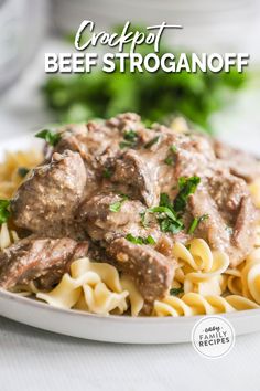 beef stroganoni on a plate with pasta and parsley in the background