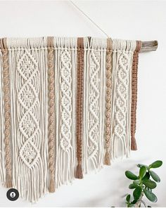 the wall hanging is decorated with white and brown crocheted yarn, along with a potted plant