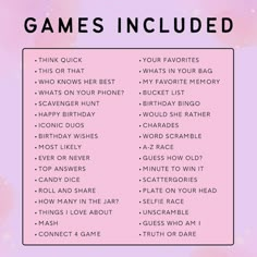 a pink poster with the words games included