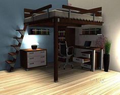 a loft bed with desk underneath it and stairs leading up to the upper level,