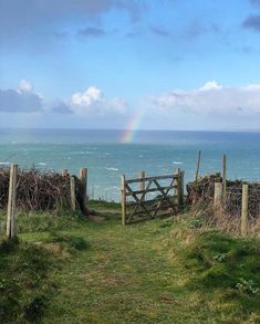 a wooden gate on the side of a grass covered hill next to the ocean with a rainbow in the sky