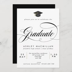 an elegant graduation party card with the word graduate on it and a mortar cap in black ink