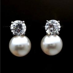 Simulated Diamonds Approximate Measurements Stone: 7mm Pearl: 9.5mm Total: 17mm Dainty Women, Stud Earrings Silver, Party Earrings, Silver Plated Jewelry, Pearl Types, Diamond Drops, Romantic Gift, Pearl Stud Earrings, Pearl Studs