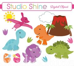 the digital clipart set includes dinosaurs and volcanos