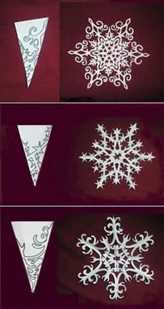 four different snowflakes are shown in white on red paper, and one is made from