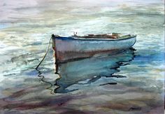 a painting of a boat in the water with its reflection on the water's surface