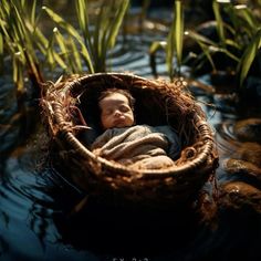 a baby in a basket floating on top of water next to grass and reeds