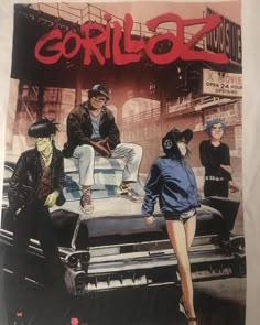 an advertisement for gorillaz featuring two men sitting on the hood of a car and another man standing next to him