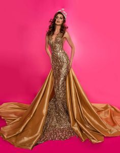 Gold Pageant Gown, Pageant Evening Gowns, Gold Sequin Fabric, Pageant Gown, Tail Dress, Gold Gown, Detachable Train, Exquisite Gowns, Pageant Gowns