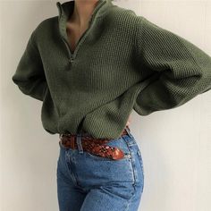 Sweaters, Solid Color Casual Loose Zipper Zipper Sweatshirt Looks Street Style, Zippered Sweater, Fall Fits, Mode Inspo, Maxi Skirts, Outfit Inspo Fall, Inspiration Mode, Mode Vintage