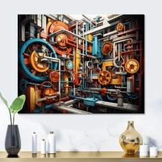 an abstract painting of pipes and valves on a wall above a table with vases