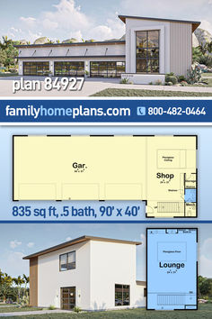 two story house plan with garage and living room in the front, three bedroom on the back