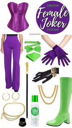 purple and green outfit with accessories including gloves, chains, bracelets, nail polish