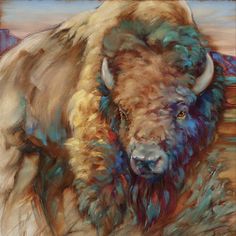 an oil painting of a bison with blue eyes and brown fur on it's head