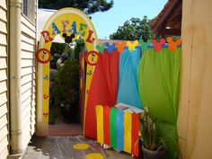 an entrance to a child's play area is decorated in bright colors