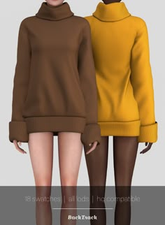 two women wearing brown and yellow sweaters standing next to each other