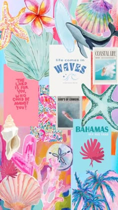 the collage has many different pictures and words on it, including starfishs, shells