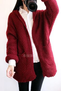 Cardigan Knit Coarse Yarn Batwing Loose Sweater - May Your Fashion - 4 Ootd Heels, Gents Sweater, Crochet Cardigans, Red Cardigan Sweater, Hip Clothes, Solid Color Sweater, Cardigan Knit, Lace Lingerie Set, Beautiful Sweater