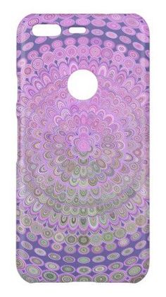 a purple and green phone case with an intricate design on the front, featuring circles