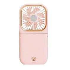 a pink portable fan sitting on top of a white wall