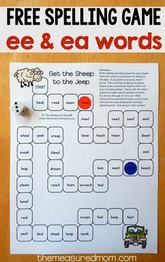 a printable game for children to play with the sheep and text that says, within word pattern game 5 ee, ea