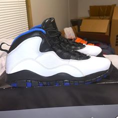 This Pair Of 2018 Air Jordan 10 Orlando’s Are A Nostalgic Pair Of Shoes That Would Be A Great Addition To Your Sneaker Collection. The Shoe Is All White With A Premium Leather With Hints Of Black And Orlando Magic Blue. They Have Slightly Been Worn But They Have Been Disinfected And Cleaned. This Shoe Is 100% Authentic And Came Straight From Footlocker. Air Jordan 10, Jordan 10, Orlando Magic, Jordans For Men, Sneaker Collection, All White, Jordan Shoes, Mens Shoes Sneakers, Air Jordan