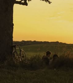 two children are sitting under a tree with their bike in the grass at sunset or dawn