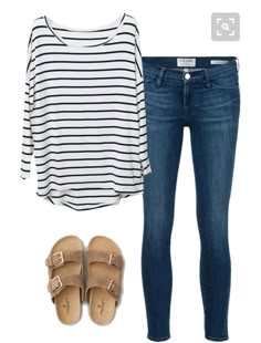 | [birkenstock] sandals + denim + white & black|white & navy stripes | Neutral Wardrobe, Spring Closet, Teacher Wardrobe, Ideal Closet, Mode Boho, Model Outfits, Play Dress, Maxi Skirts, Wardrobe Style