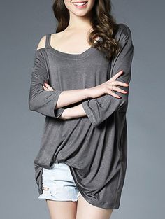 Relaxed Fit Asymmetric Tee - LIGHT GRAY ONE SIZE Cotton Shirts Women, Spring Clothing, Tops Casual, Plus Size Womens Clothing, T Shirt Women, Ladies Tops Fashion, Light Gray