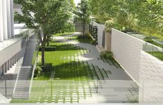 an artist's rendering of a courtyard with grass and trees