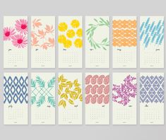 six calendars with different designs on each one, including flowers and chevron patterns