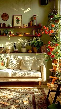 a living room filled with furniture and lots of plants on top of the shelves above