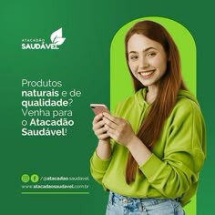 a woman is smiling while looking at her cell phone with the caption, productos naturales de qualadiade? venha para o atacada do sudavel