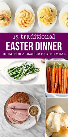 an easter dinner with carrots, meat and bread on the side is featured in this collage