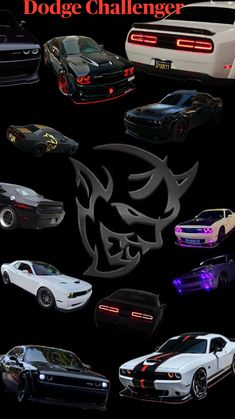 the dodge challenge poster is shown with many different cars in it's colors and logos