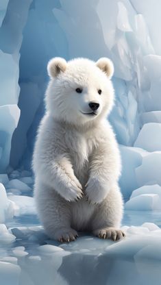 a polar bear standing on its hind legs in front of icebergs and snow