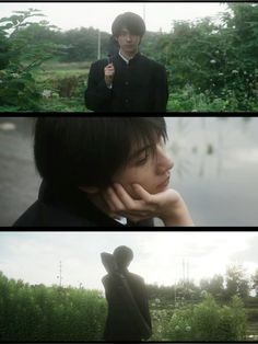 three different shots of a young man holding an umbrella and looking at something in the distance