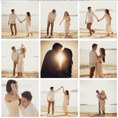 a couple holding hands and kissing on the beach with sun shining through their eyes in different pictures