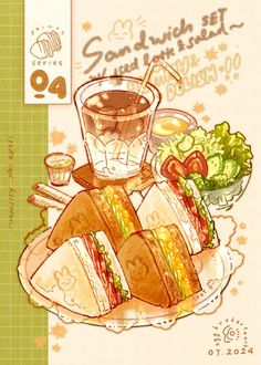 a drawing of sandwiches and drinks on a plate