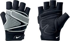 a pair of black and grey gloves with white stripes on the palm, one has a nike logo