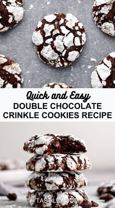 chocolate crinkle cookies stacked on top of each other with text overlay reading quick and easy double chocolate crinkle cookies recipe